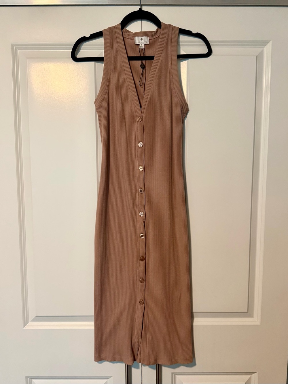 Sleeveless Button-Front Ribbed Midi Dress - Taupe